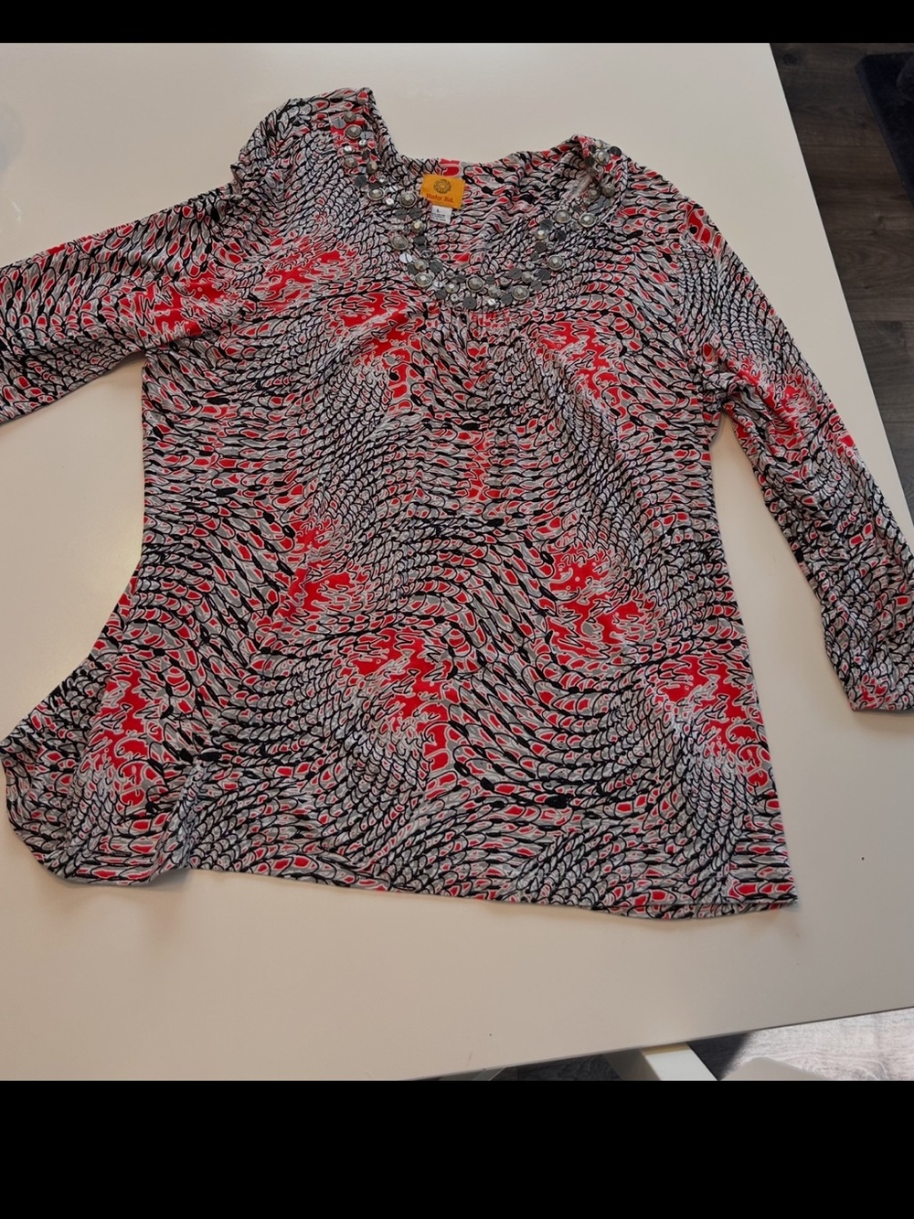 Ruby Rd. Red Black Swirl Print V-Neck Tunic